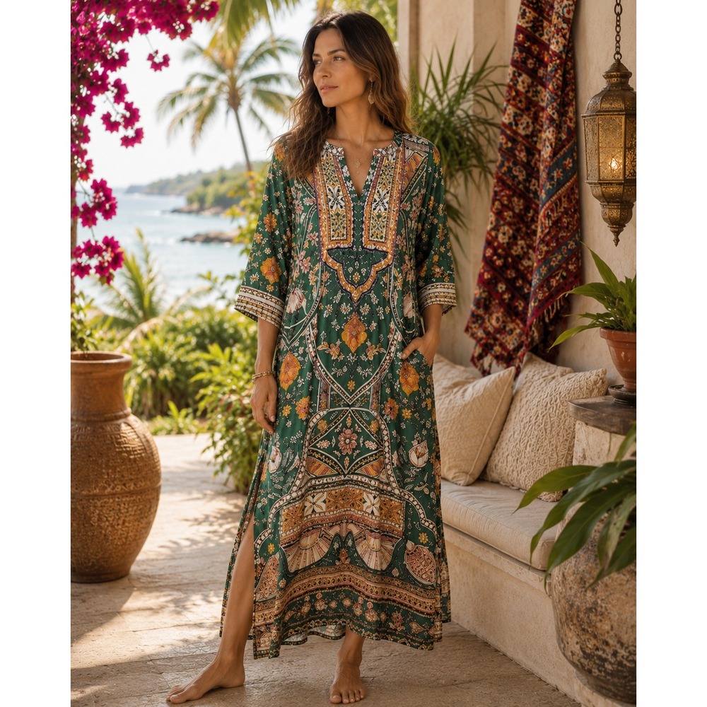 Soft Surroundings Raj Tunic Floral Embroidered Ethnic Boho Maxi Kaftan Dress L